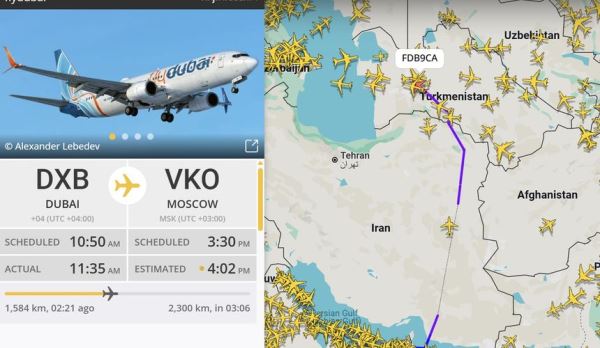 Самолеты авиакомпании flydubai летят в Москву над территорией Ирана